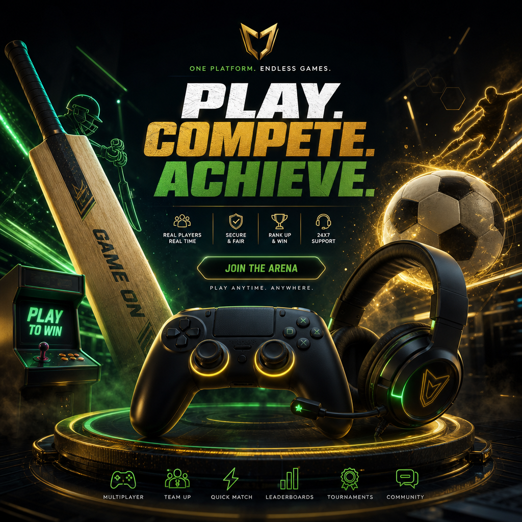 Gaming controller, esports headset, cricket bat, and football in a premium online gaming scene